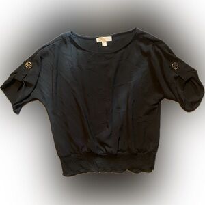 MICHAEL KORS Black Short Sleeve Relaxed Blouse with Gold Hardware on shoulders